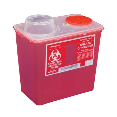 Sharps Container Monoject™ 10-9/10 H X 10-1/2 W X 6-3/4 D Inch 2 Gallon Red Base / Translucent Lid Vertical Entry Chimney Top Lid (1/EA 20/CS) by Cardinal  ID 8881676285